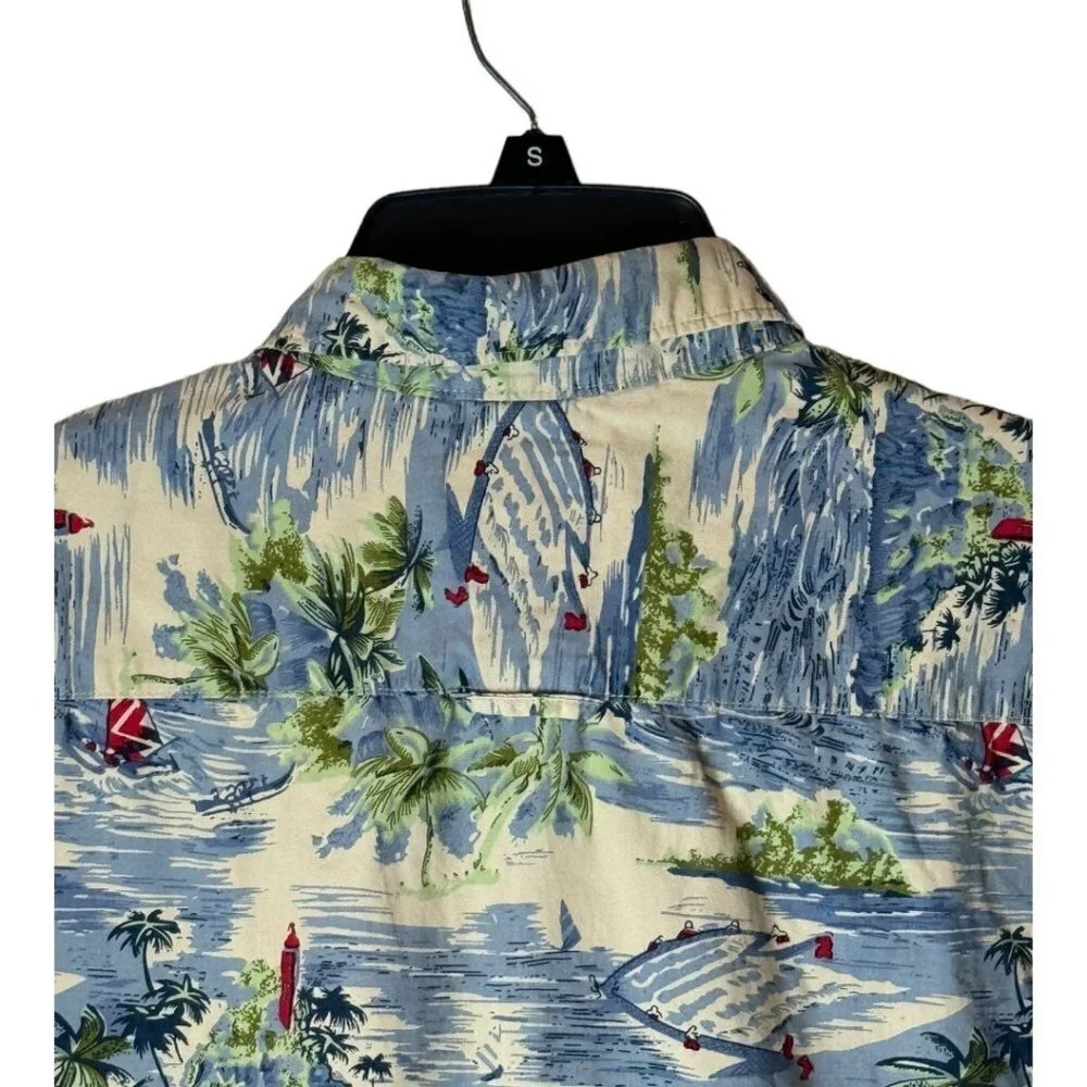 Denim & Flower Blue And Green Slim Fit Cotton Hawaiian Button Front Shirt Size M